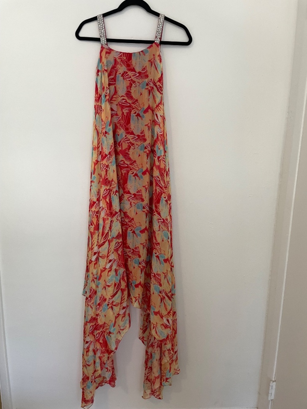 Mandira Wirk Printed Asymmetric Long Maxi Dress, Beaded Straps, Boho Fairy,  XS